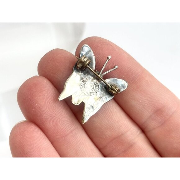 Butterfly Shaped Mexican Made Abalone Shell Inlay Vintage Sterling Silver Brooch - Picture 4 of 10